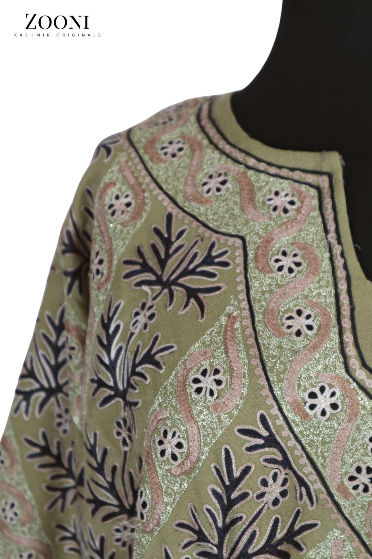 Pure Wool Embroidered Kashmiri Pheran/Feran: Aari (Stitched) - Avocado - Zooni | Kashmir Originals