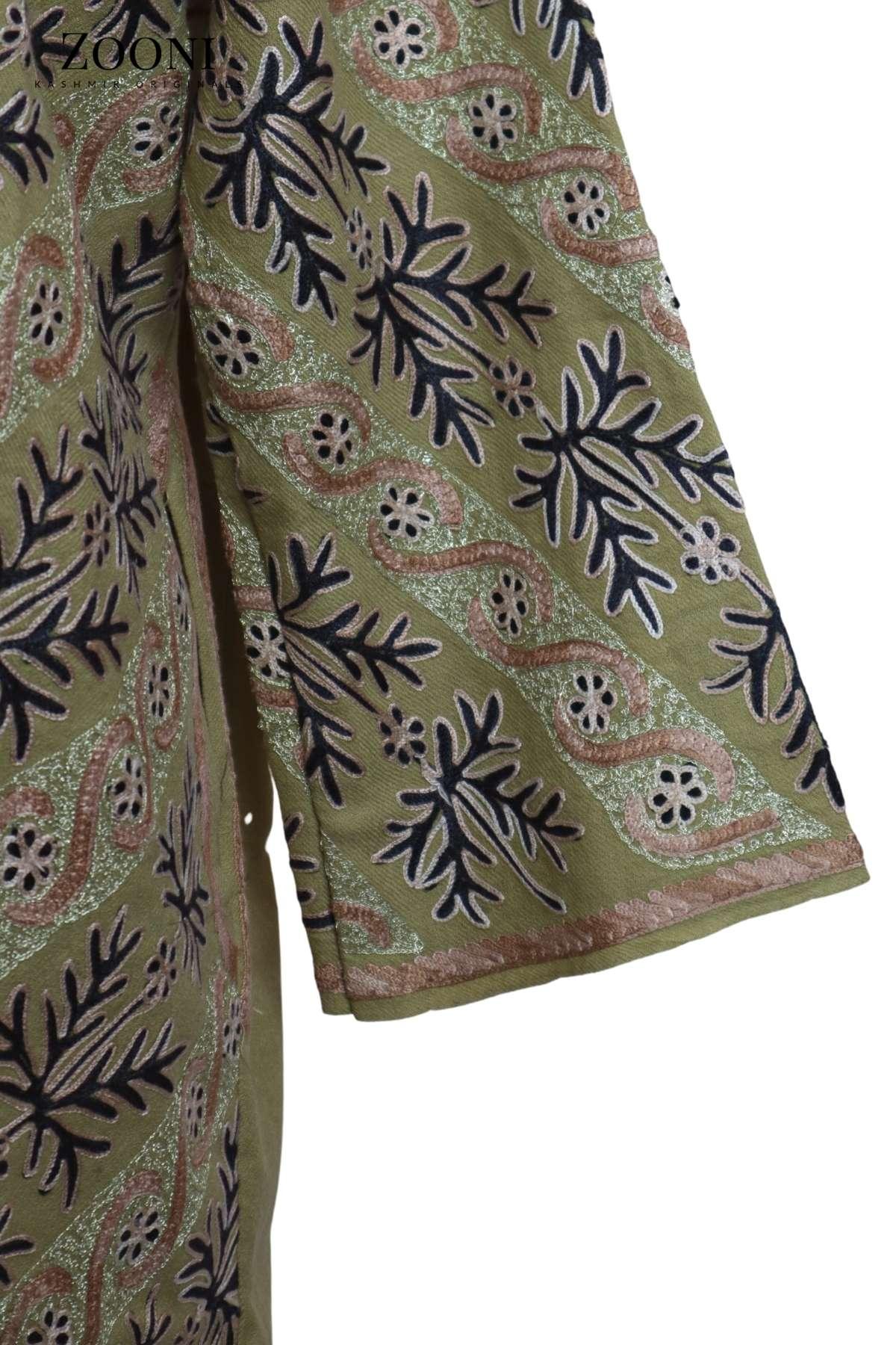 Pure Wool Embroidered Kashmiri Pheran/Feran: Aari (Stitched) - Avocado - Zooni | Kashmir Originals