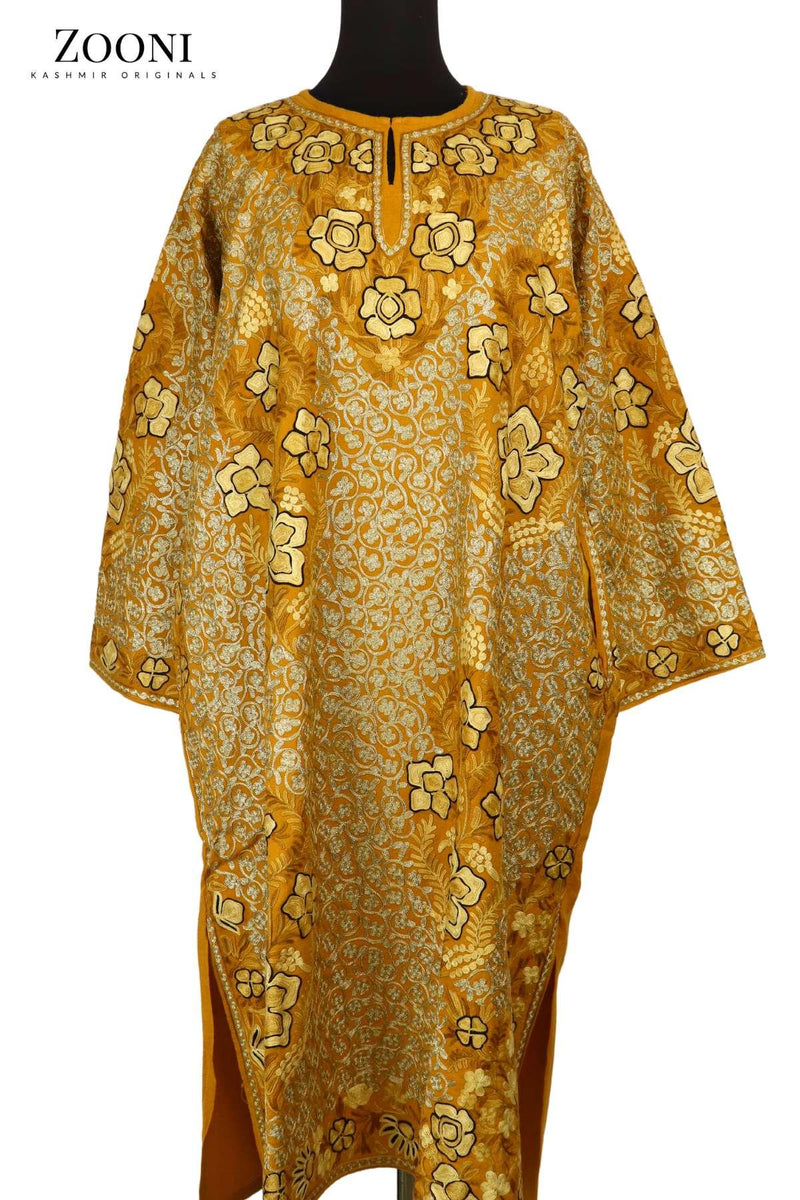 Pure Wool Embroidered Kashmiri Pheran/Feran: Aari (Stitched) - Marigold - Zooni | Kashmir Originals
