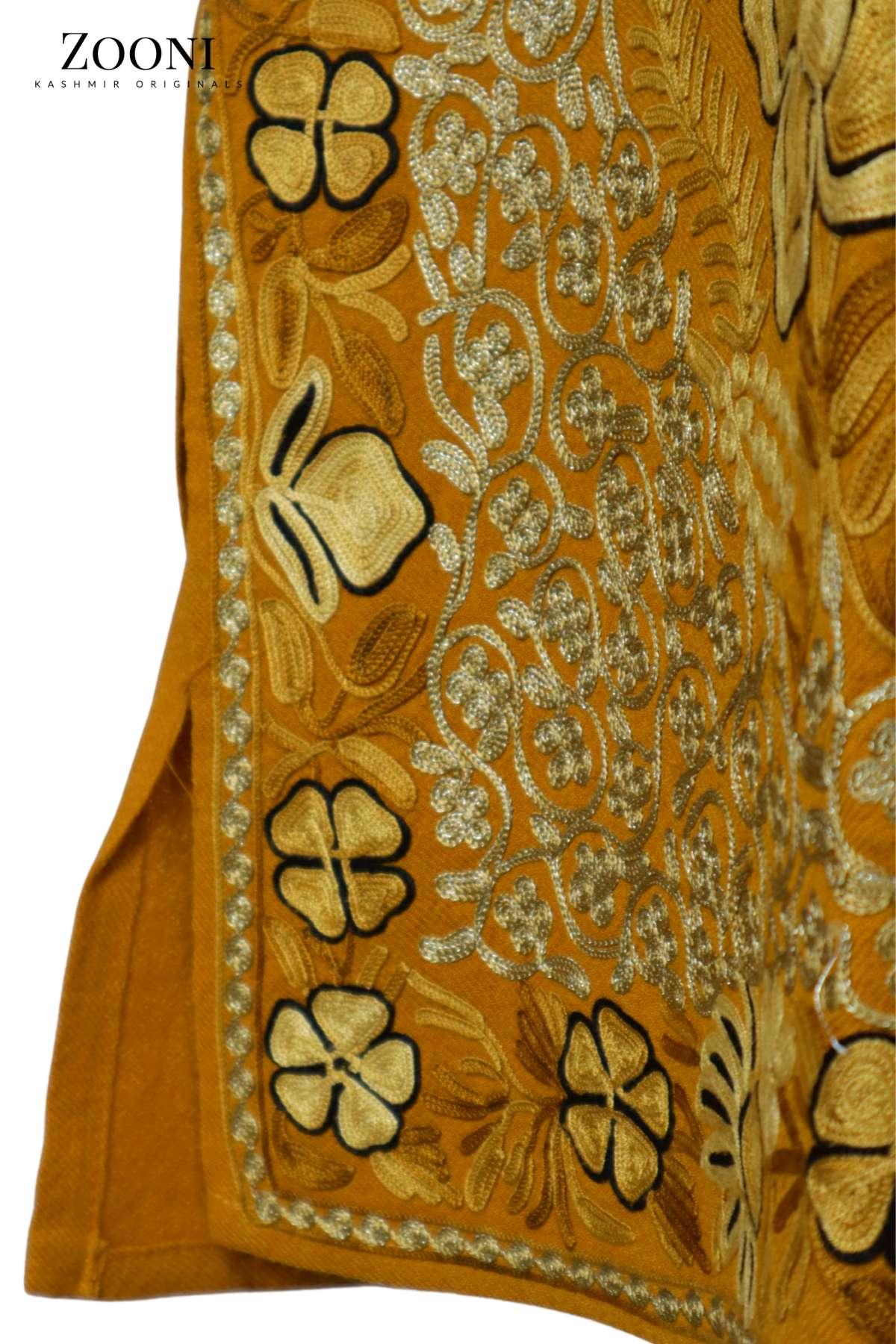 Pure Wool Embroidered Kashmiri Pheran/Feran: Aari (Stitched) - Marigold - Zooni | Kashmir Originals