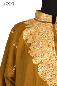 Pure Wool Hand Embroidered Kashmiri Pheran/Feran: Aari (Stitched) - Mustard - Zooni | Kashmir Originals