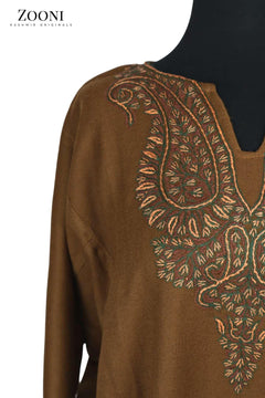 Pure Wool Hand Embroidered Kashmiri Pheran/Feran: Sozni (Stitched) - Irish Coffee - Zooni | Kashmir Originals