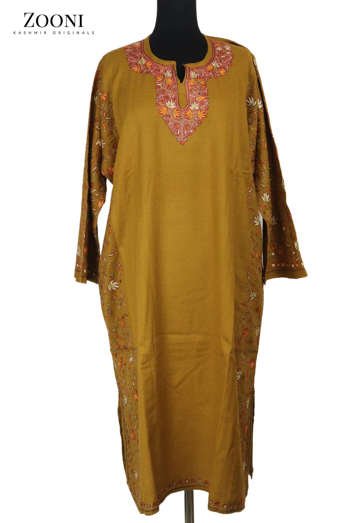 Pure Wool Hand Embroidered Kashmiri Pheran/Feran: Sozni (Stitched) - Mustard - Zooni | Kashmir Originals