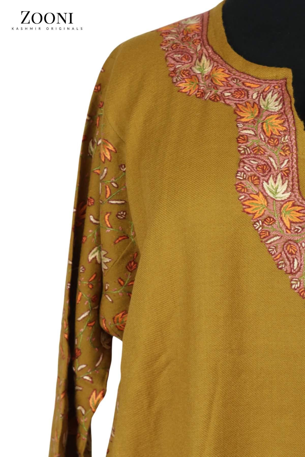 Pure Wool Hand Embroidered Kashmiri Pheran/Feran: Sozni (Stitched) - Mustard - Zooni | Kashmir Originals