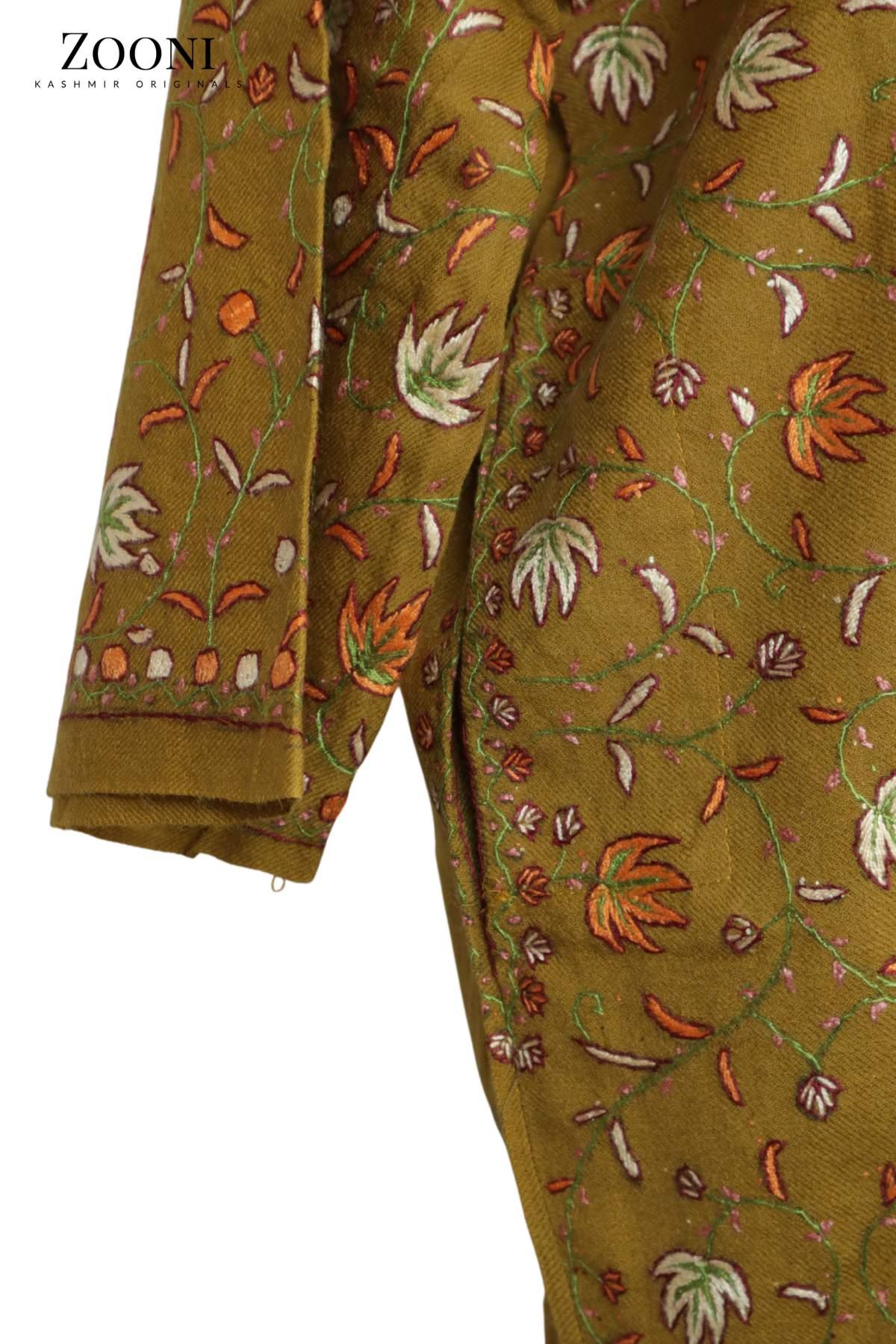 Pure Wool Hand Embroidered Kashmiri Pheran/Feran: Sozni (Stitched) - Mustard - Zooni | Kashmir Originals