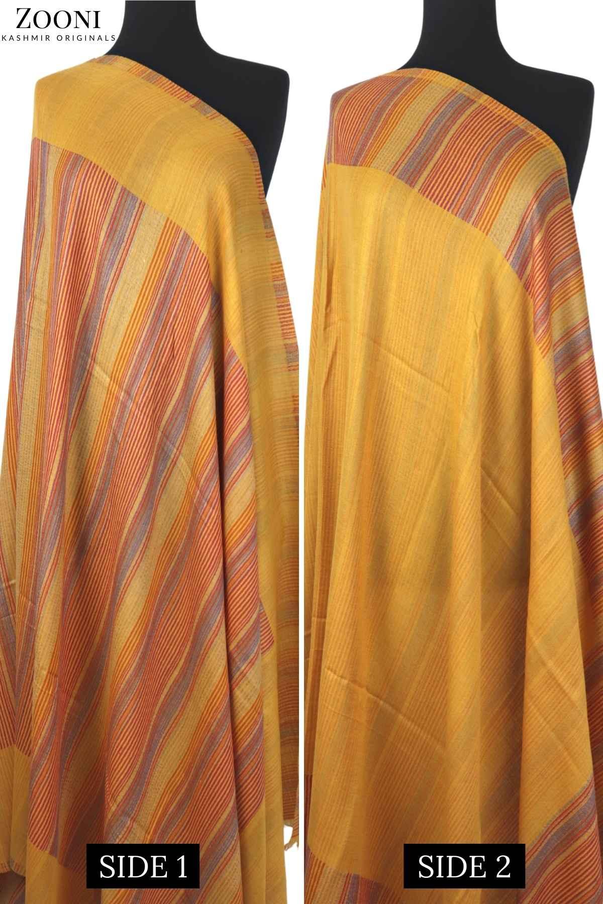 Reversible Superfine Cashmere Striped Shawl - Mustard and Carrot Orange - Zooni | Kashmir Originals