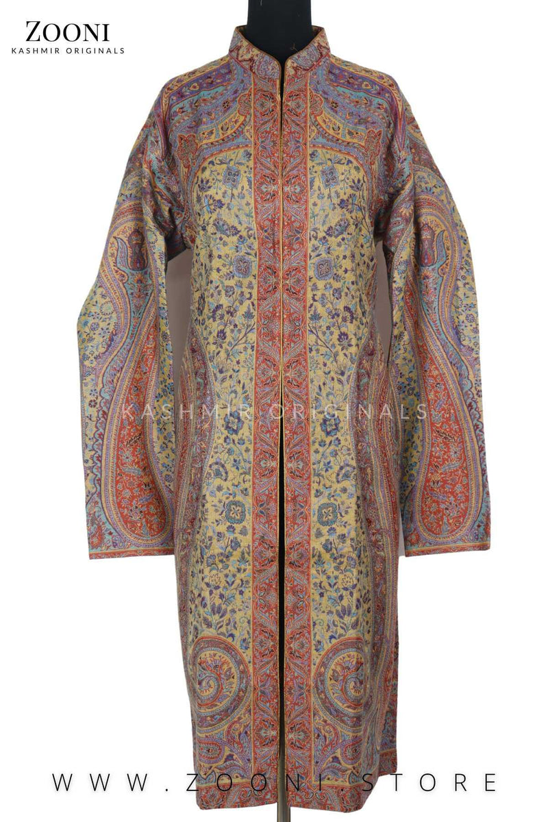 Royal - Limited Edition Stitched Kaani Woven Women's Luxury Coat - Mustard and Burnt Orange - Zooni | Kashmir Originals
