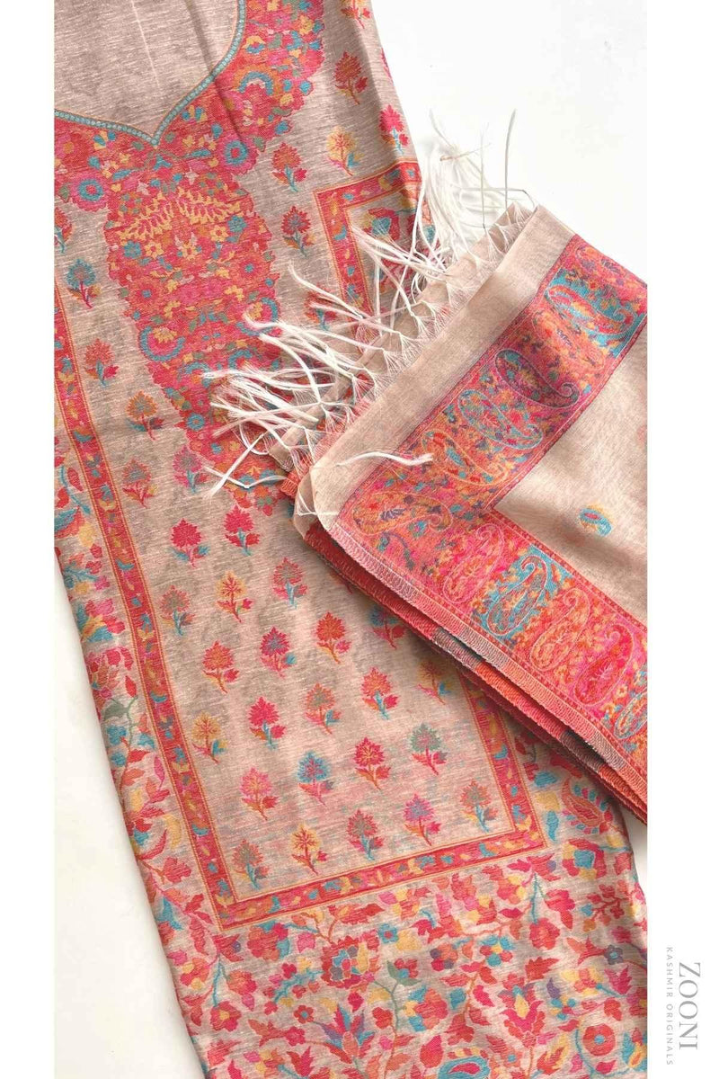Summer Edition 3 Piece Woven Kaani Silk Unstitched - Beige and Pink - Zooni | Kashmir Originals