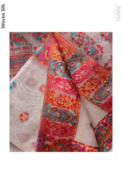 Summer Edition 3 Piece Woven Kaani Silk Unstitched - Beige & Spicy Mix - Zooni | Kashmir Originals