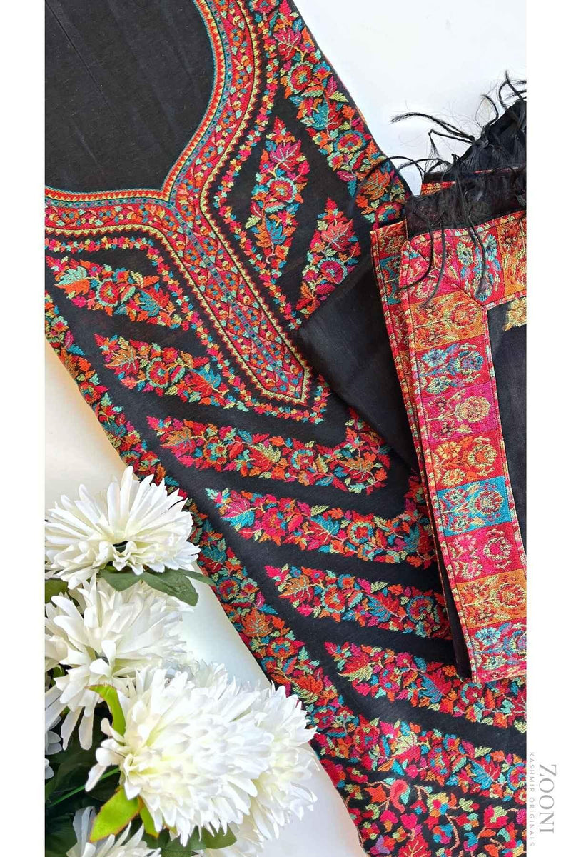 Summer Edition 3 Piece Woven Kaani Silk Unstitched - Jet Black - Zooni | Kashmir Originals