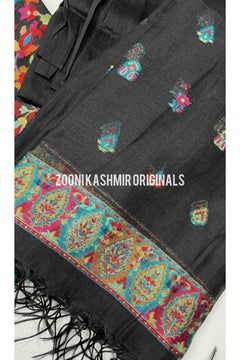 Summer: Soft 3 Piece Woven Kaani Silk Unstitched - Black - Zooni | Kashmir Originals