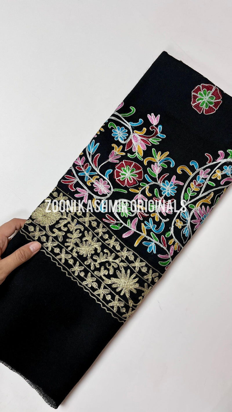 Superfine Cashmere Aari Embroidered Wrap - Black Floral - Zooni | Kashmir Originals