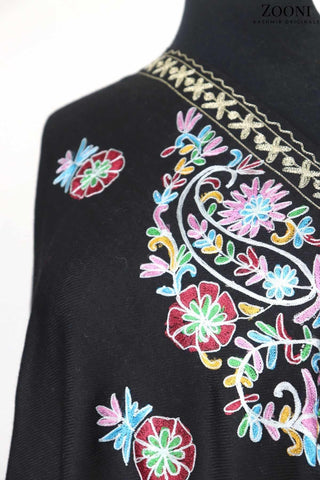 Superfine Cashmere Aari Embroidered Wrap - Black Floral - Zooni | Kashmir Originals