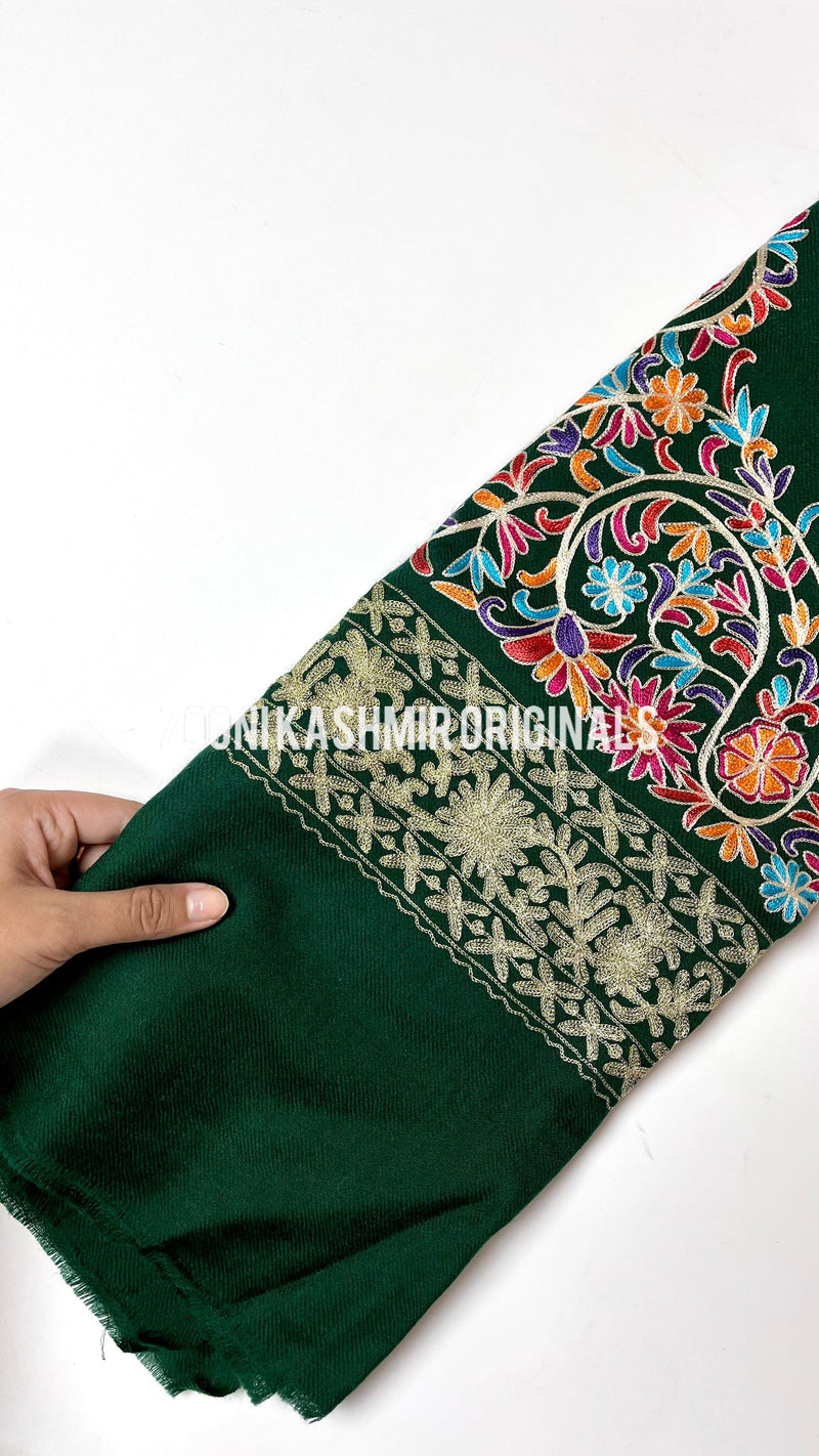 Superfine Cashmere Aari Embroidered Wrap - Emerald Green - Zooni | Kashmir Originals