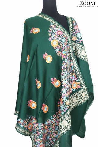 Superfine Cashmere Aari Embroidered Wrap - Emerald Green - Zooni | Kashmir Originals