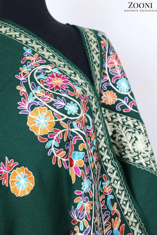 Superfine Cashmere Aari Embroidered Wrap - Emerald Green - Zooni | Kashmir Originals