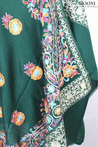 Superfine Cashmere Aari Embroidered Wrap - Emerald Green - Zooni | Kashmir Originals