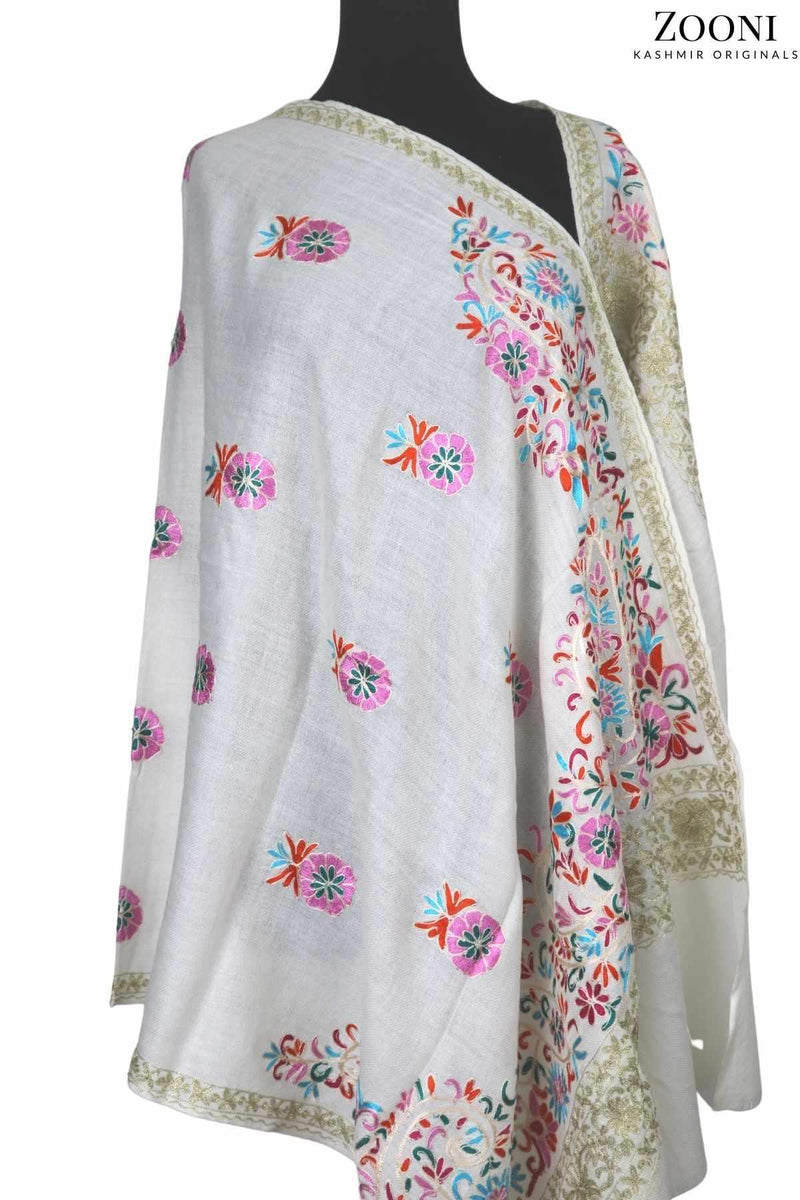 Superfine Cashmere Aari Embroidered Wrap - Pink and White Floral - Zooni | Kashmir Originals