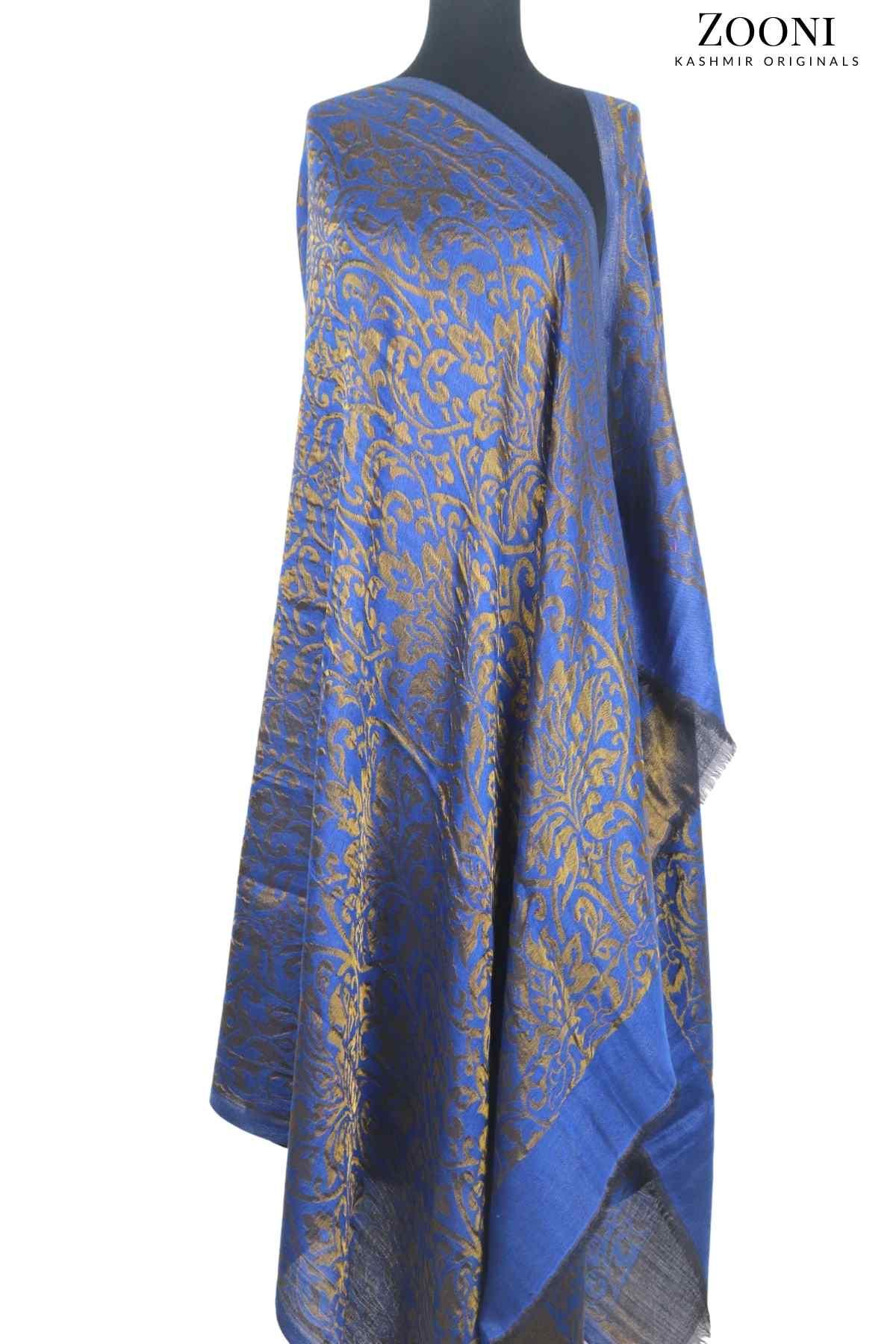 Superfine Cashmere Self Jacquard Moonlight Shimmer Shawl - Royal Blue - Zooni | Kashmir Originals