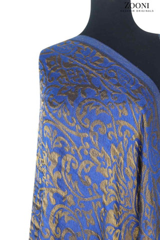 Superfine Cashmere Self Jacquard Moonlight Shimmer Shawl - Royal Blue - Zooni | Kashmir Originals