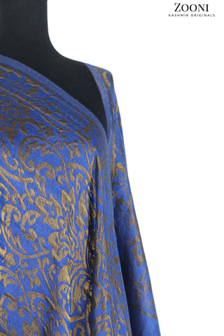 Superfine Cashmere Self Jacquard Moonlight Shimmer Shawl - Royal Blue - Zooni | Kashmir Originals