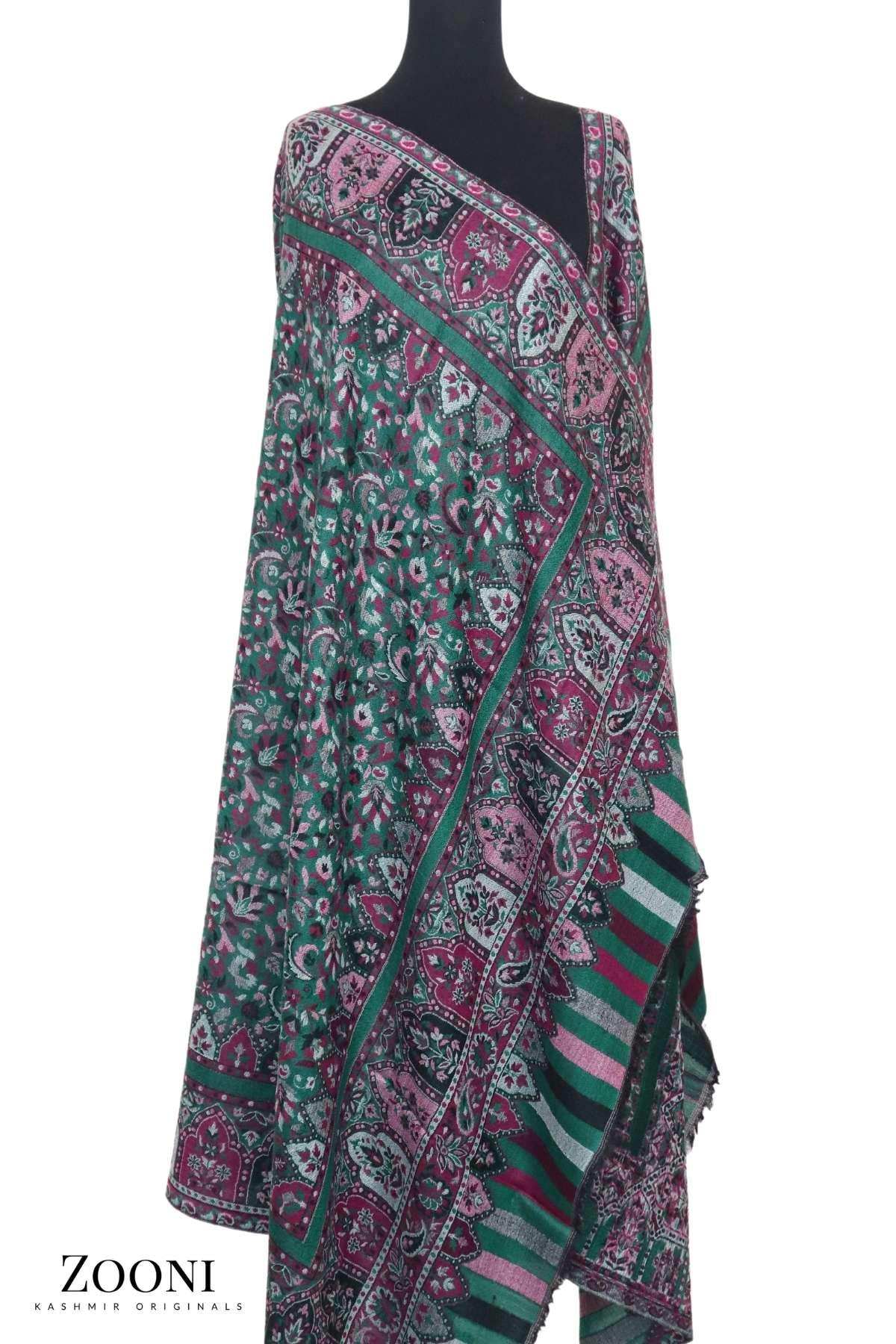 Superfine Pure Merino Kaani Jaamawar Shawl - Casal Green Paisleys - Zooni | Kashmir Originals