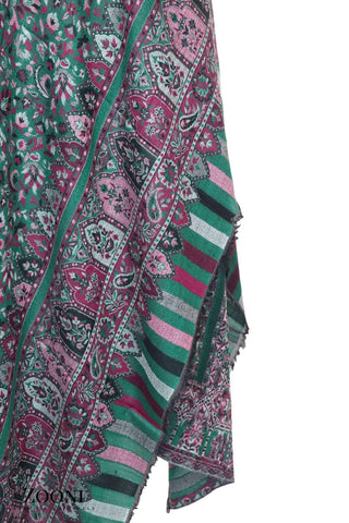 Superfine Pure Merino Kaani Jaamawar Shawl - Casal Green Paisleys - Zooni | Kashmir Originals