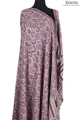 Superfine Pure Merino Kaani Jaamawar Shawl - Pink Swan - Zooni | Kashmir Originals