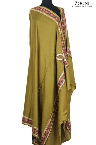 Zarri Tilla Doar Embroidered Merino Wool Shawl - Dark Mustard - Zooni | Kashmir Originals