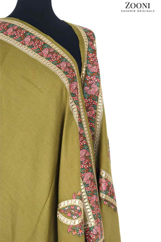 Zarri Tilla Doar Embroidered Merino Wool Shawl - Dark Mustard - Zooni | Kashmir Originals