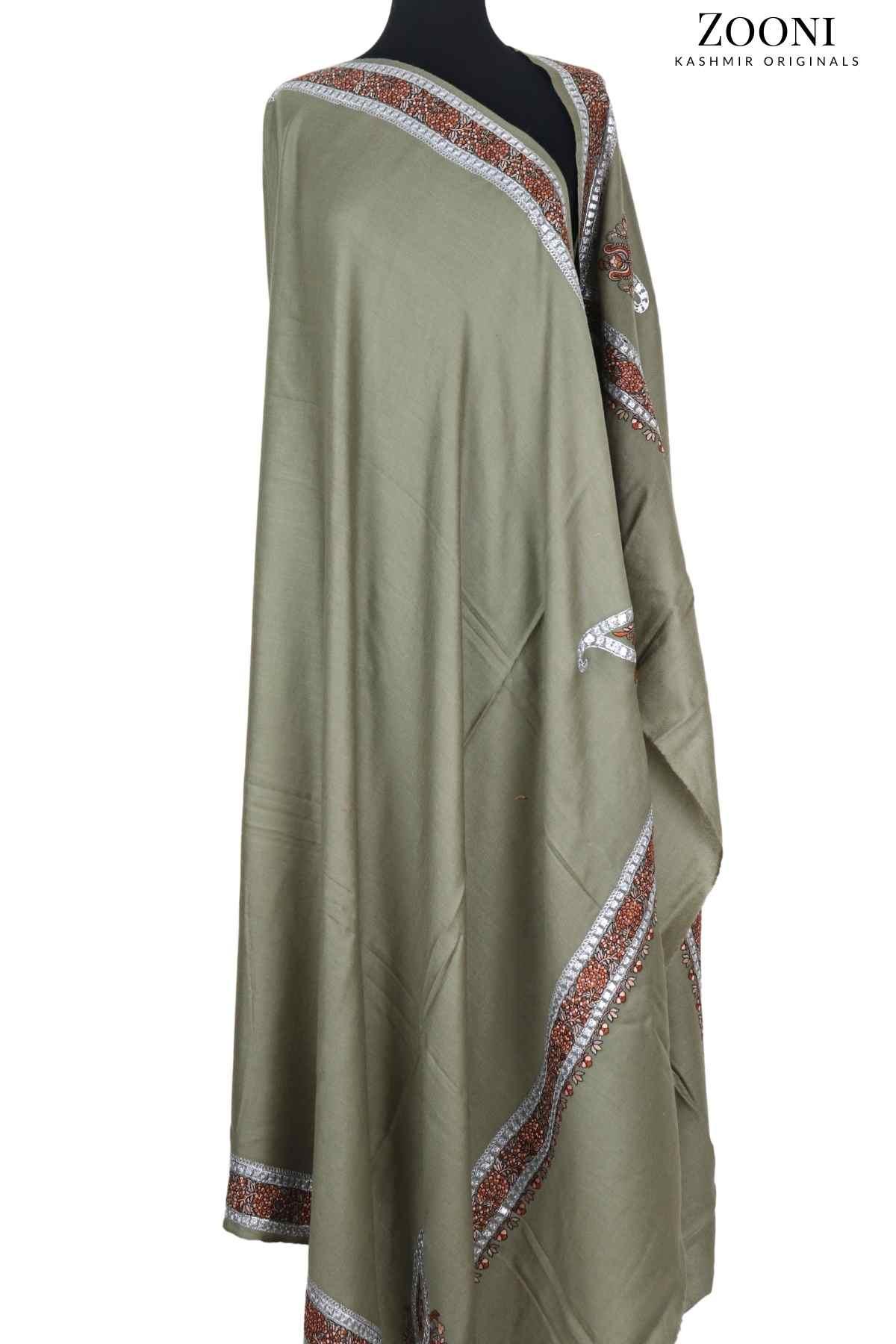 Zarri Tilla Doar Embroidered Merino Wool Shawl - Dull Beige - Zooni | Kashmir Originals