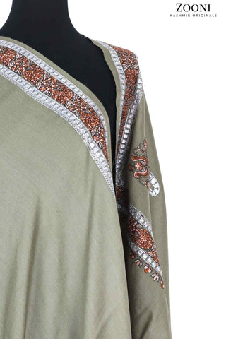 Zarri Tilla Doar Embroidered Merino Wool Shawl - Dull Beige - Zooni | Kashmir Originals