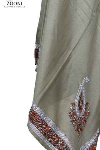 Zarri Tilla Doar Embroidered Merino Wool Shawl - Dull Beige - Zooni | Kashmir Originals