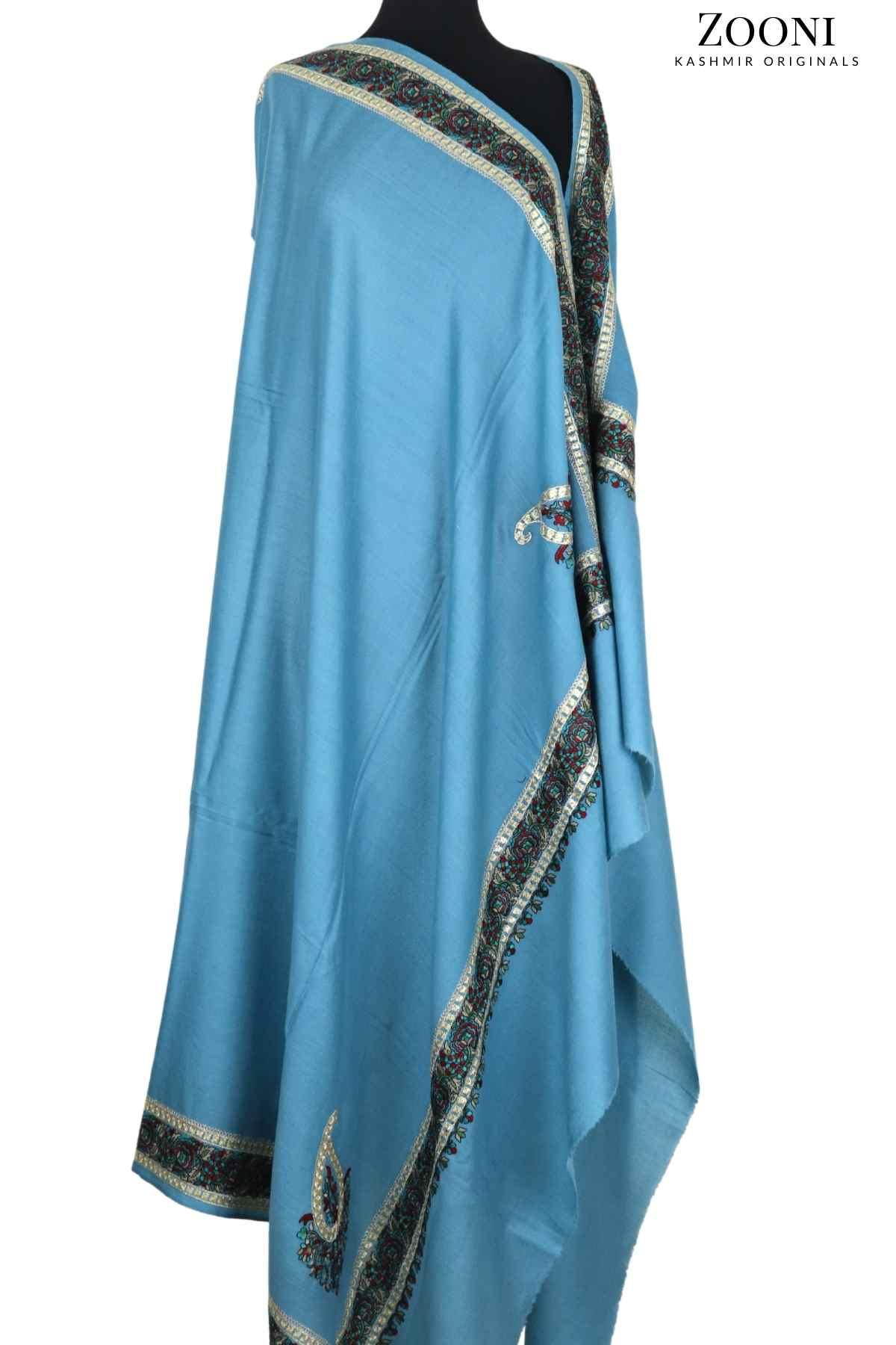 Zarri Tilla Doar Embroidered Merino Wool Shawl - Wedgewood Blue - Zooni | Kashmir Originals