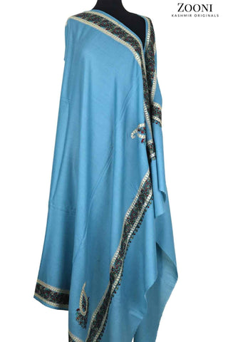 Zarri Tilla Doar Embroidered Merino Wool Shawl - Wedgewood Blue - Zooni | Kashmir Originals