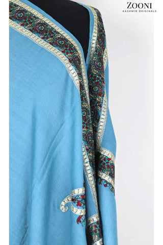 Zarri Tilla Doar Embroidered Merino Wool Shawl - Wedgewood Blue - Zooni | Kashmir Originals