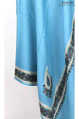 Zarri Tilla Doar Embroidered Merino Wool Shawl - Wedgewood Blue - Zooni | Kashmir Originals